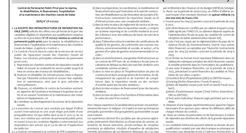 Lancement du contrat de Partenariat Public-Privé pour la modernisation des chantiers navals de Dakar